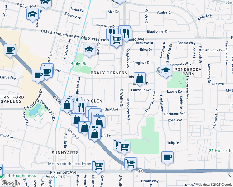 map of restaurants, bars, coffee shops, grocery stores, and more near 863 South Wolfe Road in Sunnyvale