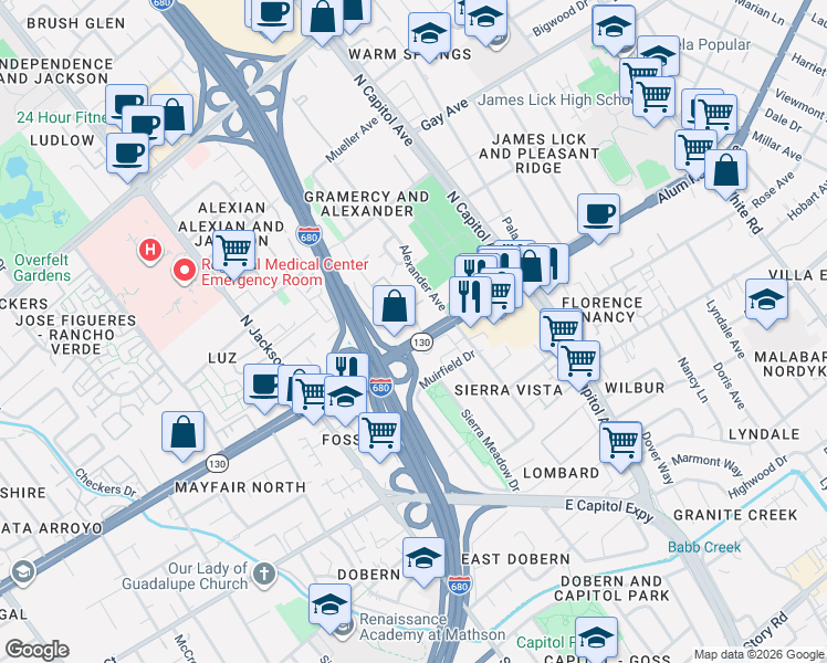 map of restaurants, bars, coffee shops, grocery stores, and more near 2510 Alum Rock Avenue in San Jose