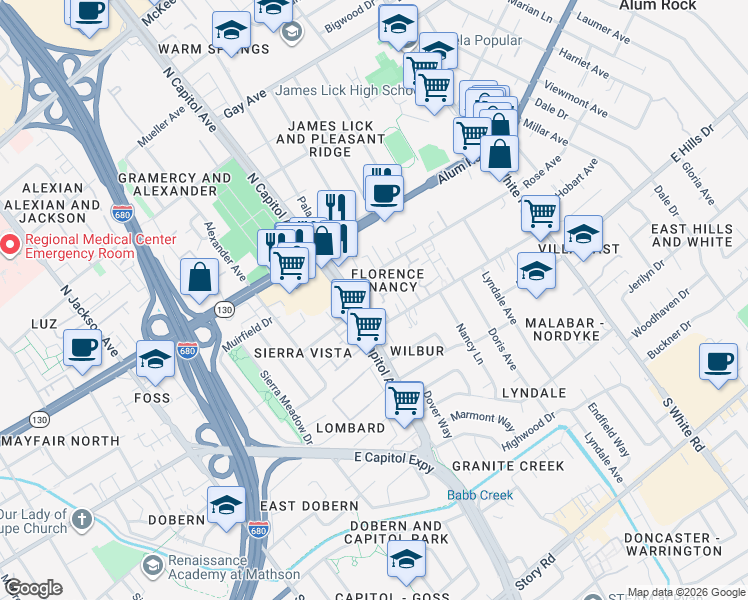 map of restaurants, bars, coffee shops, grocery stores, and more near 142 South Capitol Avenue in San Jose
