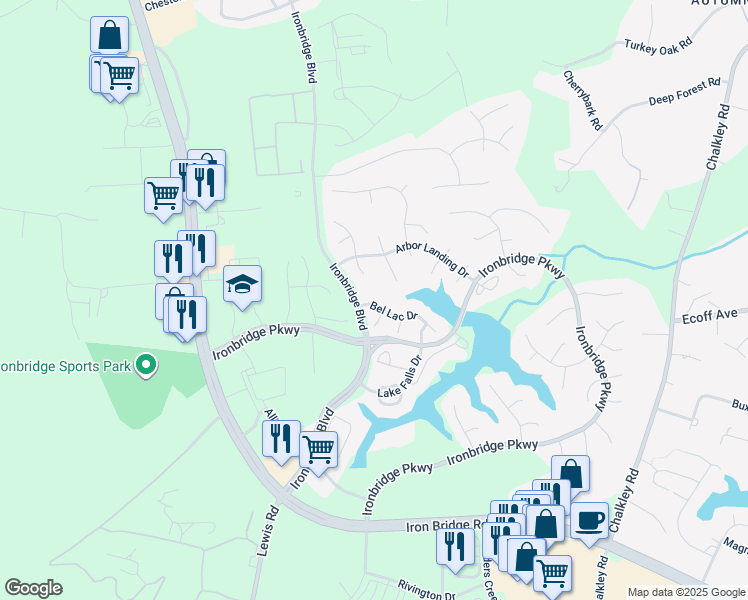 map of restaurants, bars, coffee shops, grocery stores, and more near 6612 Bel Lac Drive in Chester
