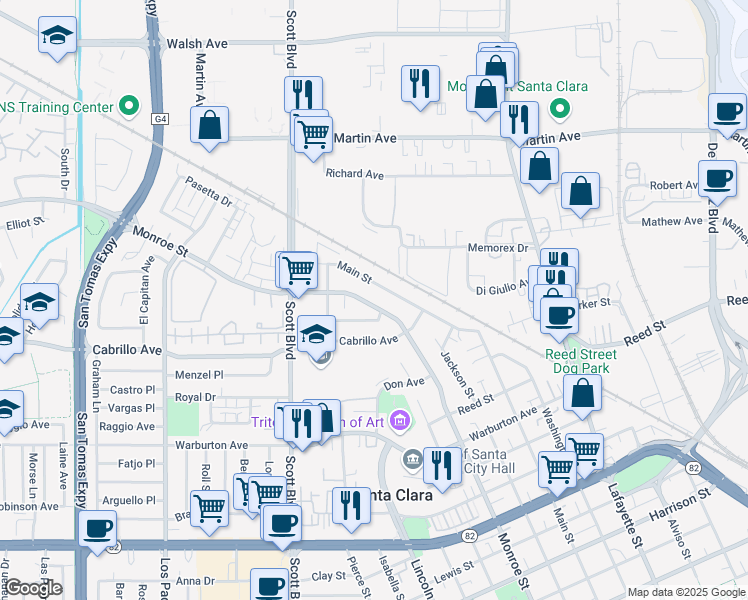 map of restaurants, bars, coffee shops, grocery stores, and more near 2123 Monroe Street in Santa Clara