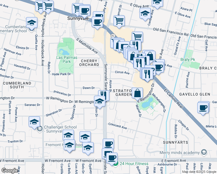 map of restaurants, bars, coffee shops, grocery stores, and more near 501 Dawn Drive in Sunnyvale