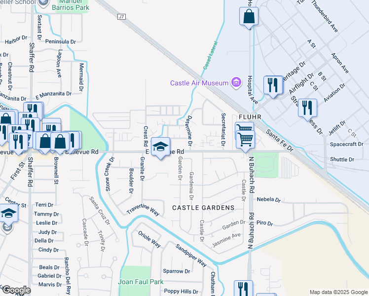map of restaurants, bars, coffee shops, grocery stores, and more near 1271 East Bellevue Road in Atwater