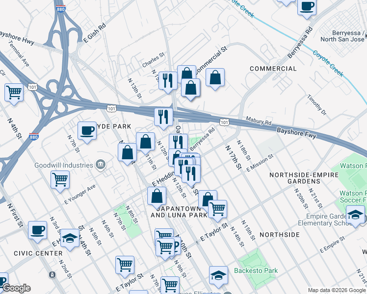 map of restaurants, bars, coffee shops, grocery stores, and more near 604 Boardwalk Way in San Jose