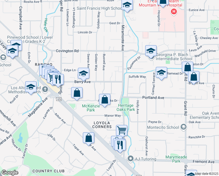 map of restaurants, bars, coffee shops, grocery stores, and more near 1236 Miraflores Way in Los Altos
