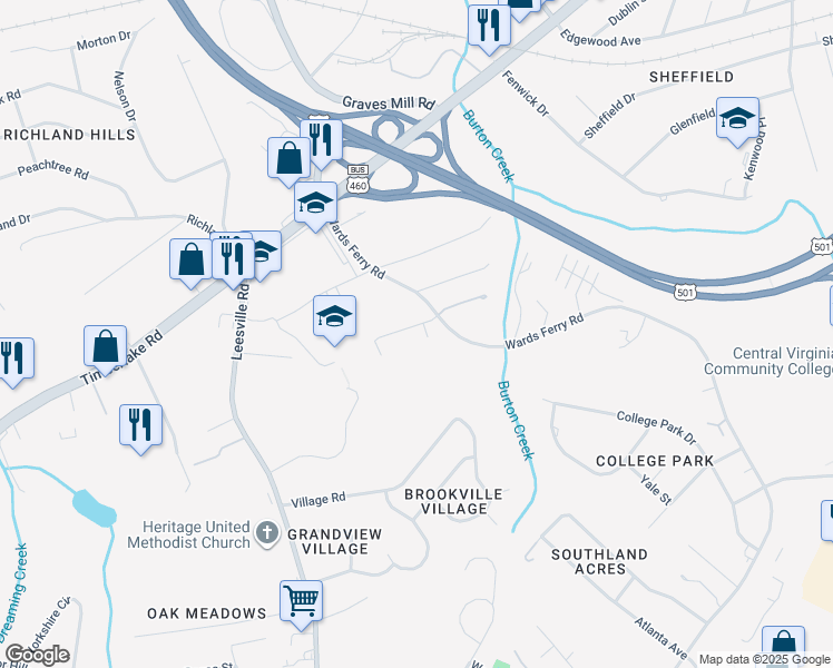 map of restaurants, bars, coffee shops, grocery stores, and more near 110 Aaron Place in Lynchburg