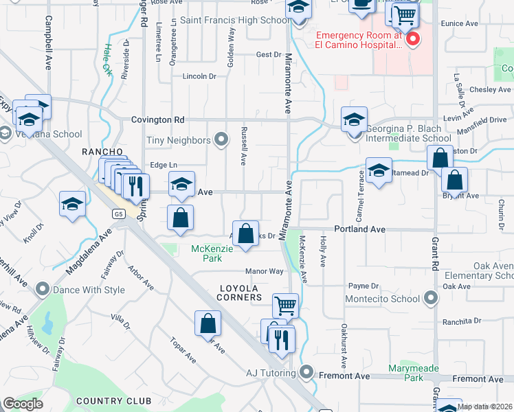 map of restaurants, bars, coffee shops, grocery stores, and more near 1236 Miraflores Way in Los Altos
