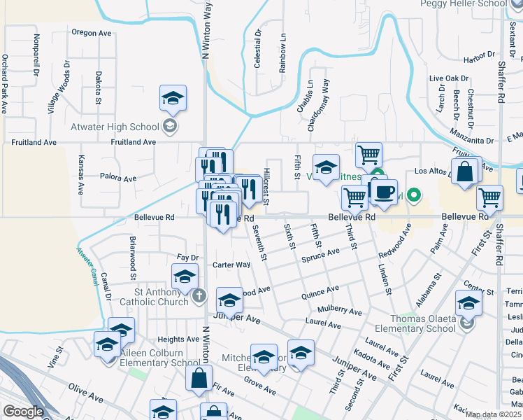 map of restaurants, bars, coffee shops, grocery stores, and more near 2709 Hillcrest Street in Atwater