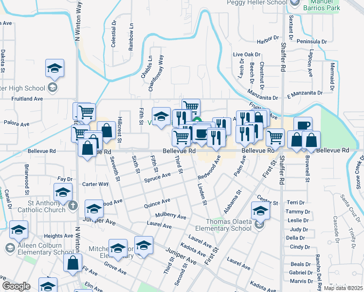 map of restaurants, bars, coffee shops, grocery stores, and more near 1150 Bellevue Road in Atwater