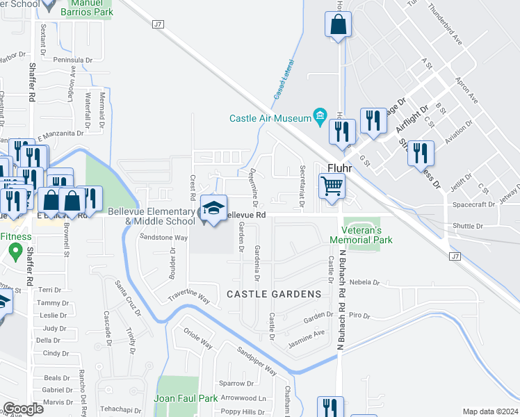 map of restaurants, bars, coffee shops, grocery stores, and more near 234 Gardenia Drive in Atwater