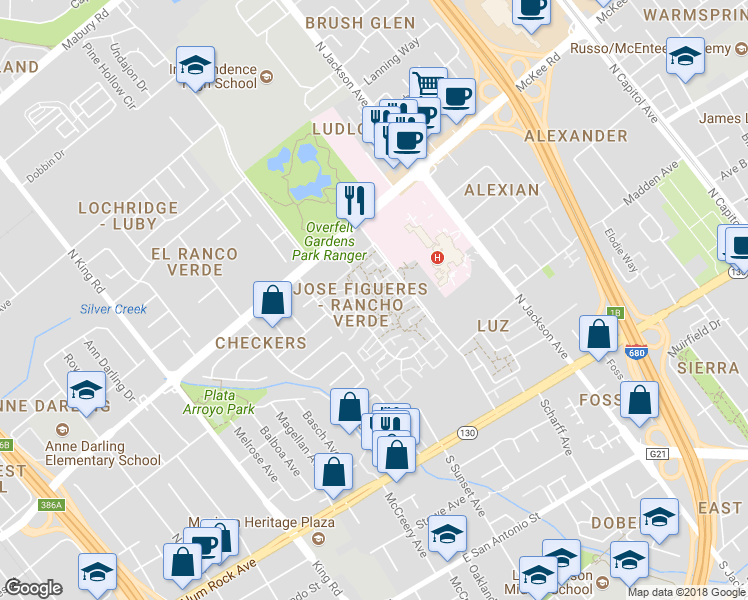 map of restaurants, bars, coffee shops, grocery stores, and more near 299 Cartago Court in San Jose