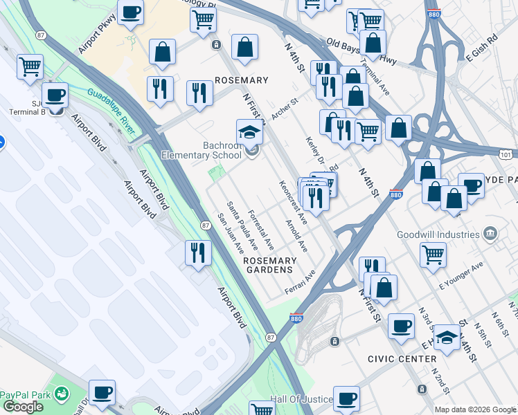 map of restaurants, bars, coffee shops, grocery stores, and more near 1404 Forrestal Avenue in San Jose