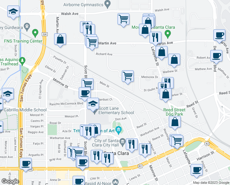 map of restaurants, bars, coffee shops, grocery stores, and more near 2120 Monroe Street in Santa Clara
