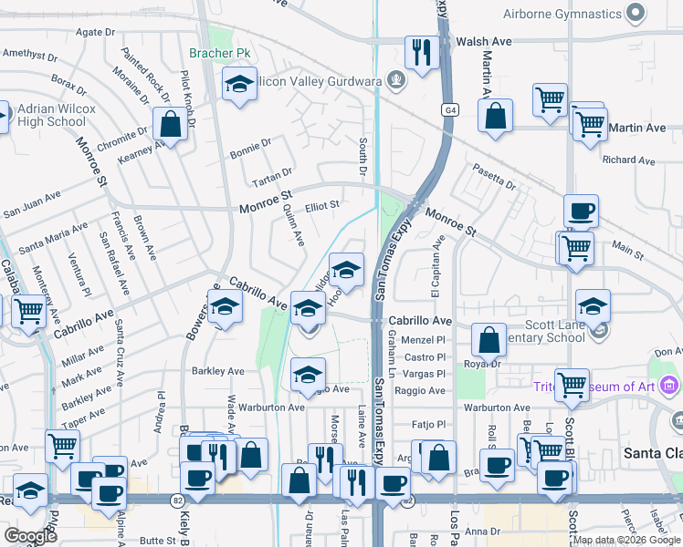 map of restaurants, bars, coffee shops, grocery stores, and more near 2079 Coolidge Drive in Santa Clara