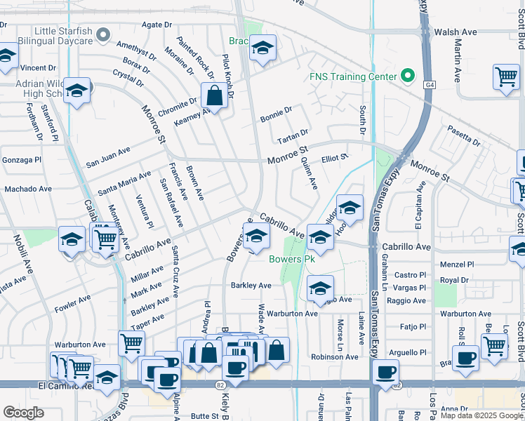 map of restaurants, bars, coffee shops, grocery stores, and more near 2080 Larsen Place in Santa Clara