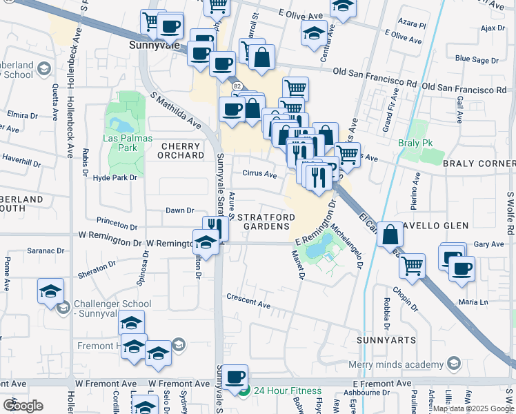 map of restaurants, bars, coffee shops, grocery stores, and more near 485 Ives Terrace in Sunnyvale