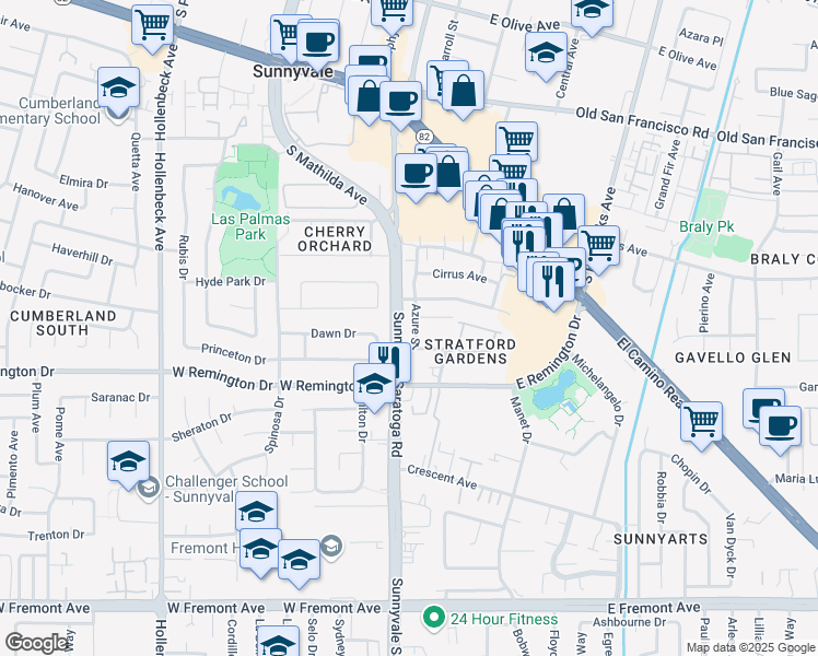 map of restaurants, bars, coffee shops, grocery stores, and more near 501 Dawn Drive in Sunnyvale