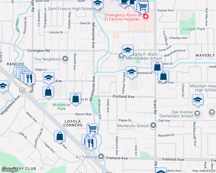 map of restaurants, bars, coffee shops, grocery stores, and more near 1041 Dartmouth Lane in Los Altos