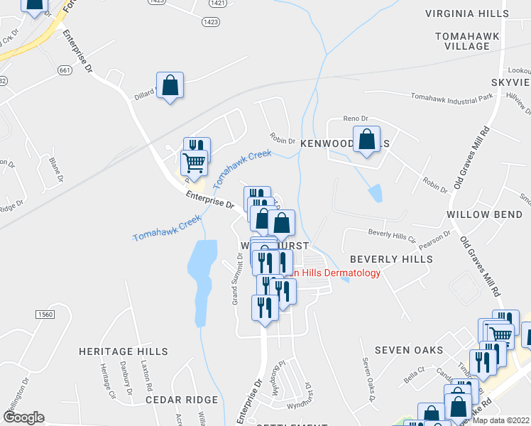 map of restaurants, bars, coffee shops, grocery stores, and more near 800 Wyndhurst Drive in Lynchburg