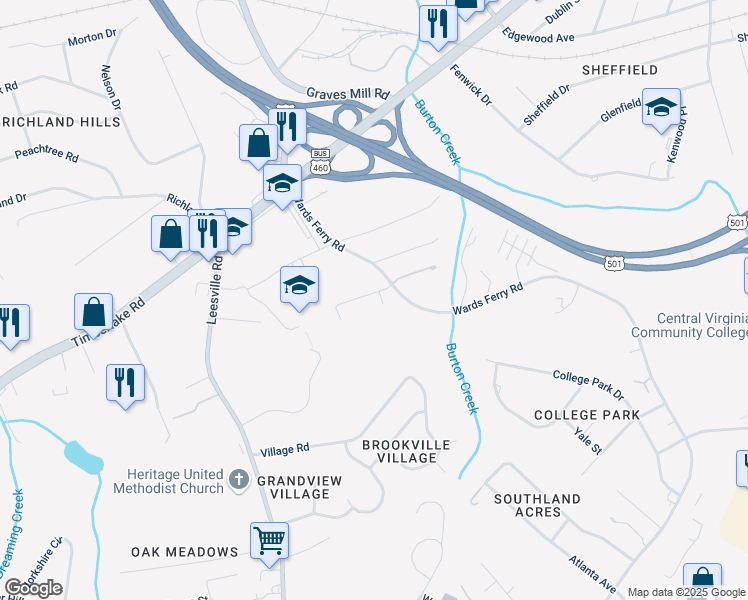 map of restaurants, bars, coffee shops, grocery stores, and more near 110 Aaron Place in Lynchburg