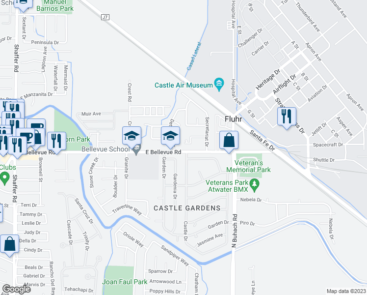 map of restaurants, bars, coffee shops, grocery stores, and more near 1327 East Bellevue Road in Atwater