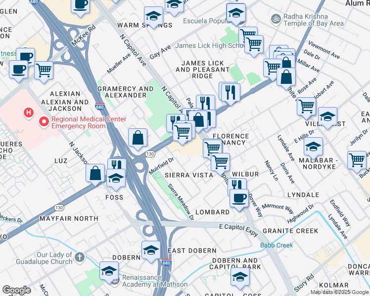 map of restaurants, bars, coffee shops, grocery stores, and more near 2630 Sierra Vista Court in San Jose