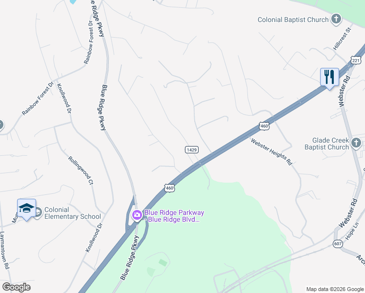 map of restaurants, bars, coffee shops, grocery stores, and more near 87 Toms Road in Blue Ridge