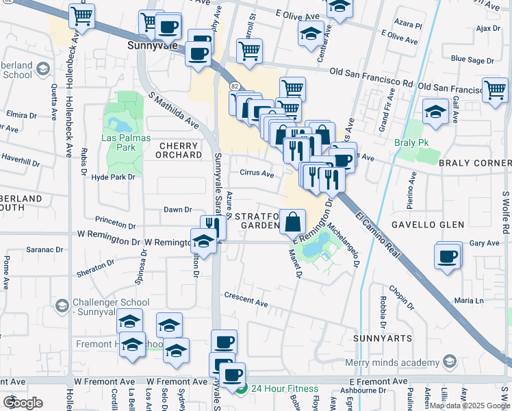 map of restaurants, bars, coffee shops, grocery stores, and more near 485 Ives Terrace in Sunnyvale