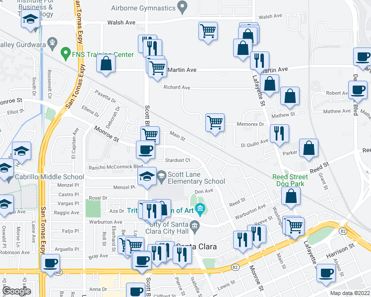 map of restaurants, bars, coffee shops, grocery stores, and more near 2125 Monroe Street in Santa Clara