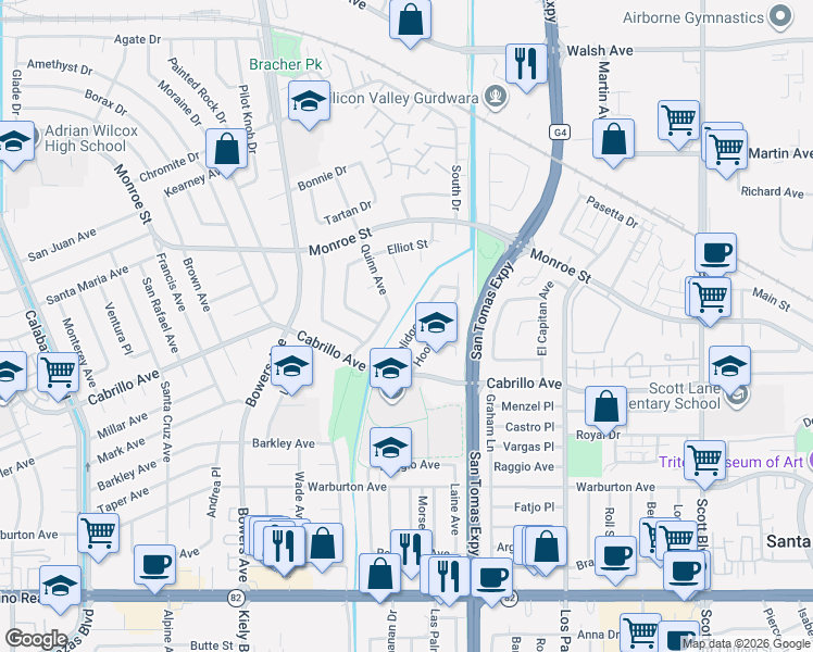 map of restaurants, bars, coffee shops, grocery stores, and more near 2079 Coolidge Drive in Santa Clara