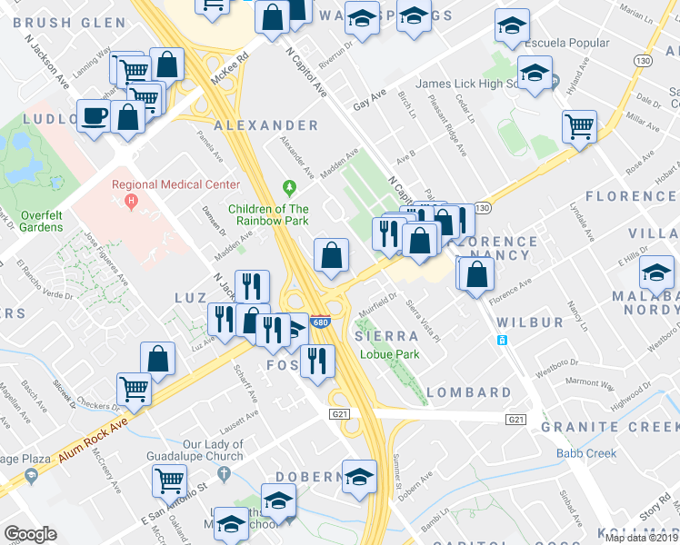 map of restaurants, bars, coffee shops, grocery stores, and more near in San Jose