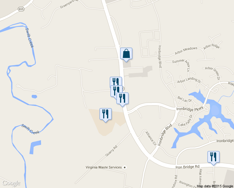 map of restaurants, bars, coffee shops, grocery stores, and more near 11212 Iron Bridge Road in Chester