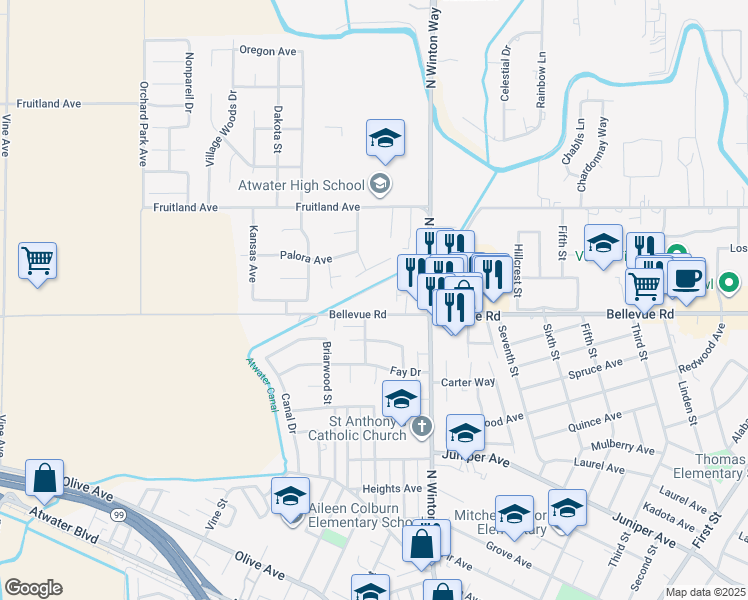 map of restaurants, bars, coffee shops, grocery stores, and more near 2180 Bellevue Road in Atwater