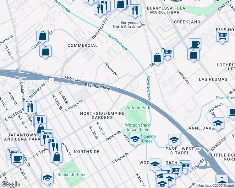 map of restaurants, bars, coffee shops, grocery stores, and more near 710 North 23rd Street in San Jose