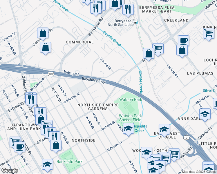 map of restaurants, bars, coffee shops, grocery stores, and more near 710 North 23rd Street in San Jose