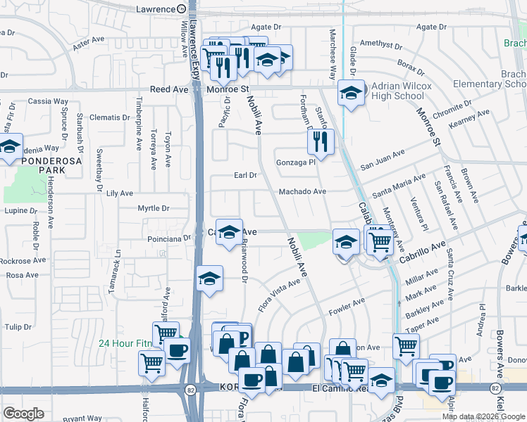 map of restaurants, bars, coffee shops, grocery stores, and more near 3454 Bonita Avenue in Santa Clara