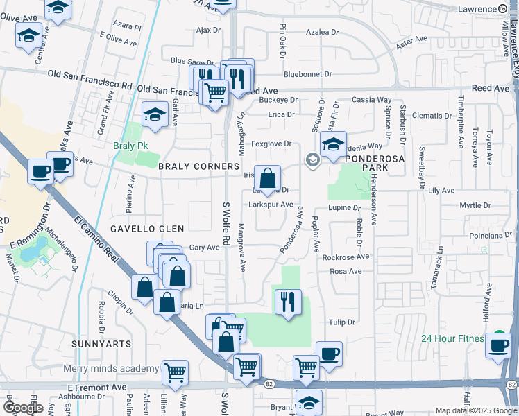 map of restaurants, bars, coffee shops, grocery stores, and more near 842 Oracle Oak Place in Sunnyvale