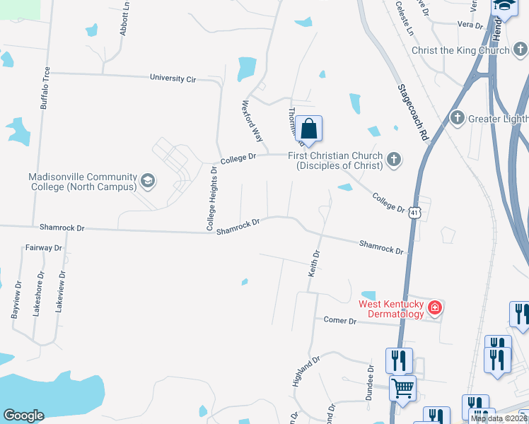 map of restaurants, bars, coffee shops, grocery stores, and more near 230-258 Shamrock Drive in Madisonville