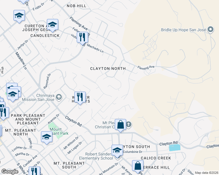 map of restaurants, bars, coffee shops, grocery stores, and more near 3608 Warner Drive in San Jose