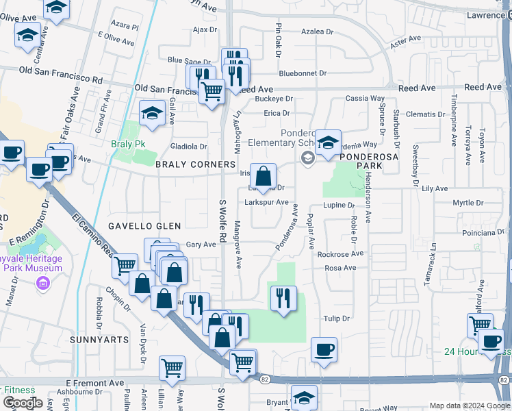 map of restaurants, bars, coffee shops, grocery stores, and more near 842 Oracle Oak Place in Sunnyvale