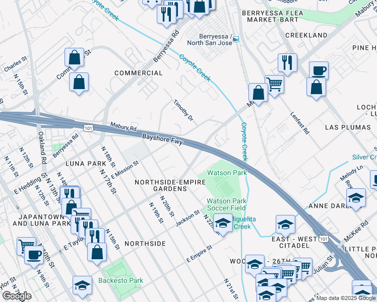 map of restaurants, bars, coffee shops, grocery stores, and more near 750 North 23rd Street in San Jose