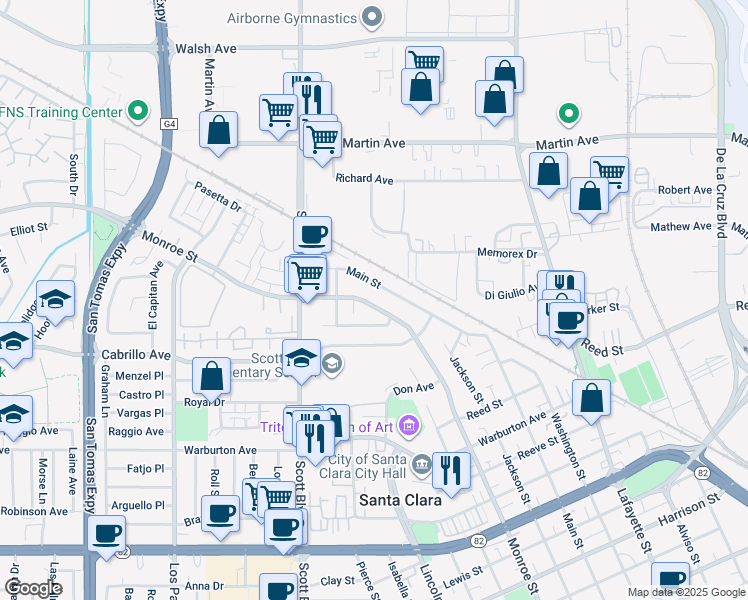 map of restaurants, bars, coffee shops, grocery stores, and more near 2127 Monroe Street in Santa Clara