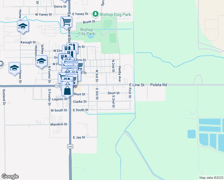 map of restaurants, bars, coffee shops, grocery stores, and more near 200-210 South 2nd Street in Bishop