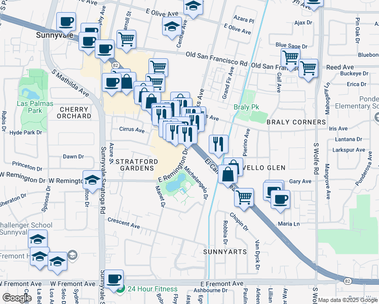 map of restaurants, bars, coffee shops, grocery stores, and more near 604 East El Camino Real in Sunnyvale