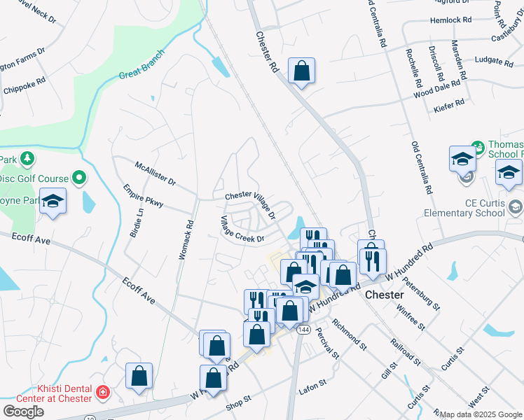 map of restaurants, bars, coffee shops, grocery stores, and more near 11506 Chester Village Drive in Chester