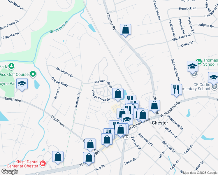 map of restaurants, bars, coffee shops, grocery stores, and more near 11506 Chester Village Drive in Chester