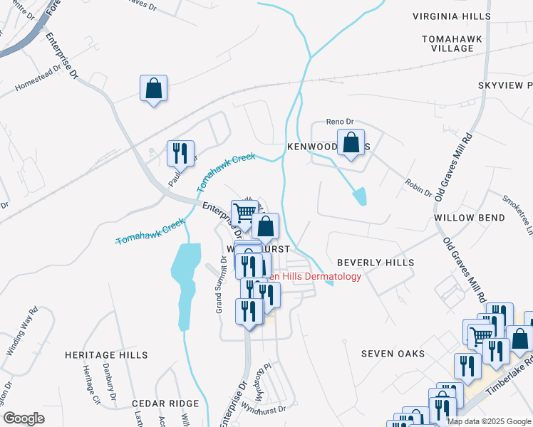 map of restaurants, bars, coffee shops, grocery stores, and more near 736 Wyndhurst Drive in Lynchburg