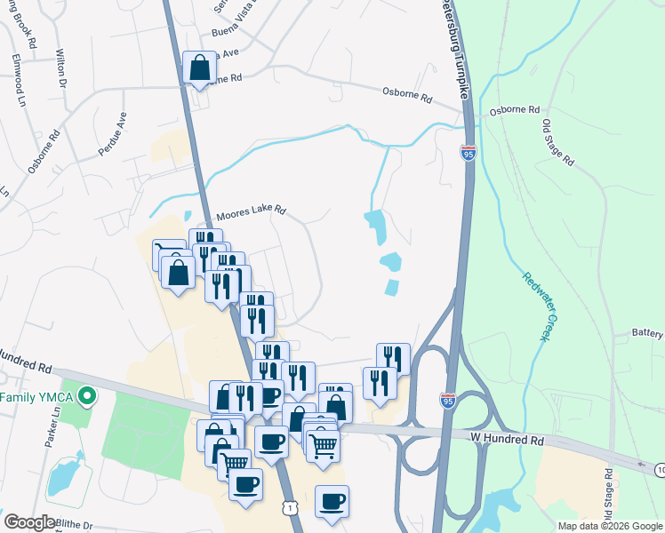 map of restaurants, bars, coffee shops, grocery stores, and more near 12300 Moores Lake Road in Chester