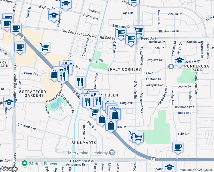 map of restaurants, bars, coffee shops, grocery stores, and more near 766 Gavello Avenue in Sunnyvale
