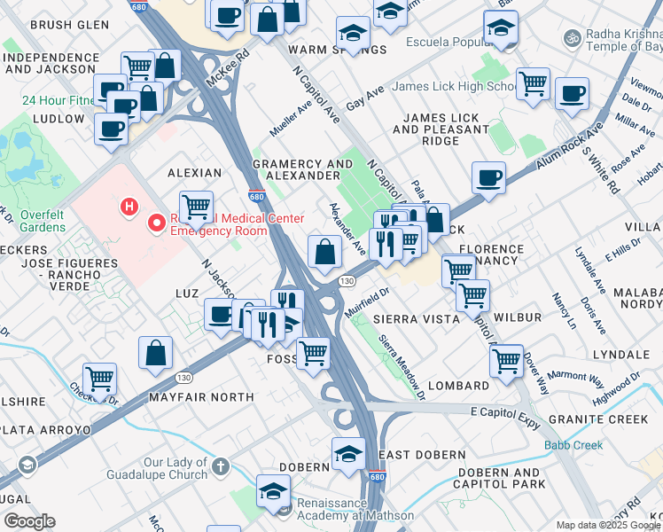 map of restaurants, bars, coffee shops, grocery stores, and more near in San Jose